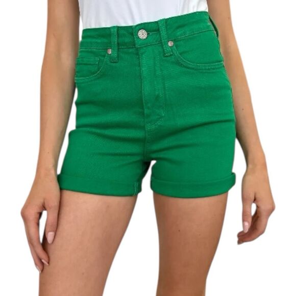 Judy Blue Pants - Judy Blue Shorts Green High Rise Tummy Control Cuffed Garment Dyed Stretch Denim